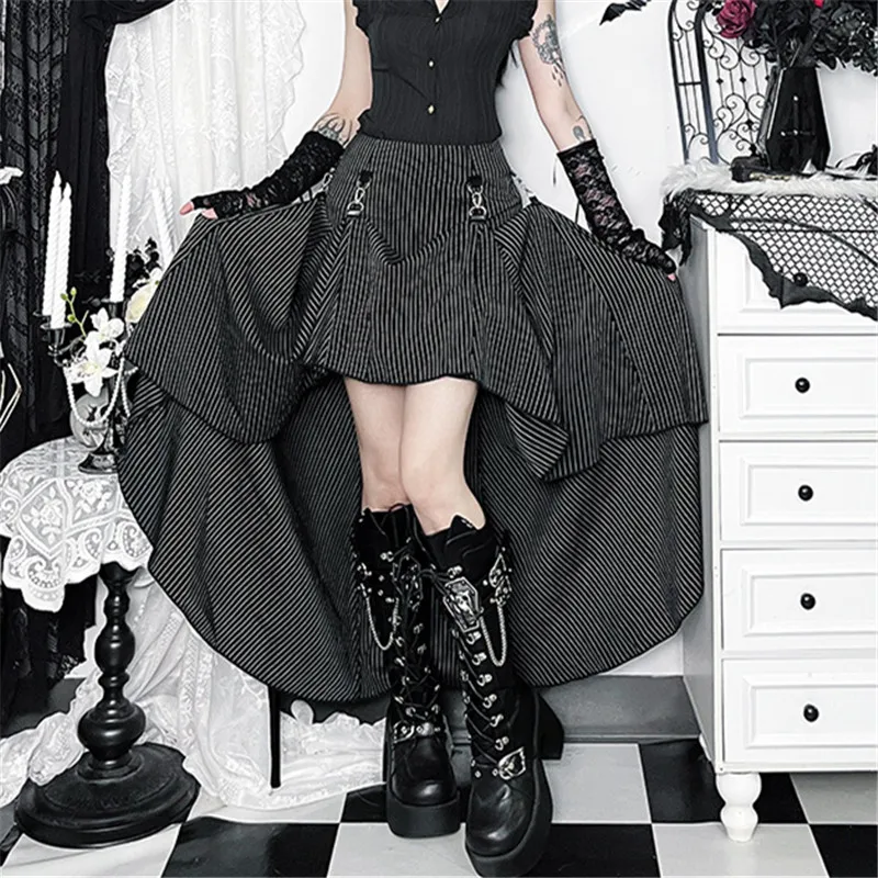 Goth Dark Women Fashion Striped Zipper Skirts Alt Streetwear Cyber Y2K Bottoms Mall Gothic Big Swing Skirt Casual Holiday Outfit