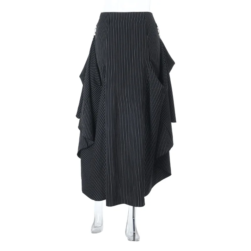 Goth Dark Women Fashion Striped Zipper Skirts Alt Streetwear Cyber Y2K Bottoms Mall Gothic Big Swing Skirt Casual Holiday Outfit