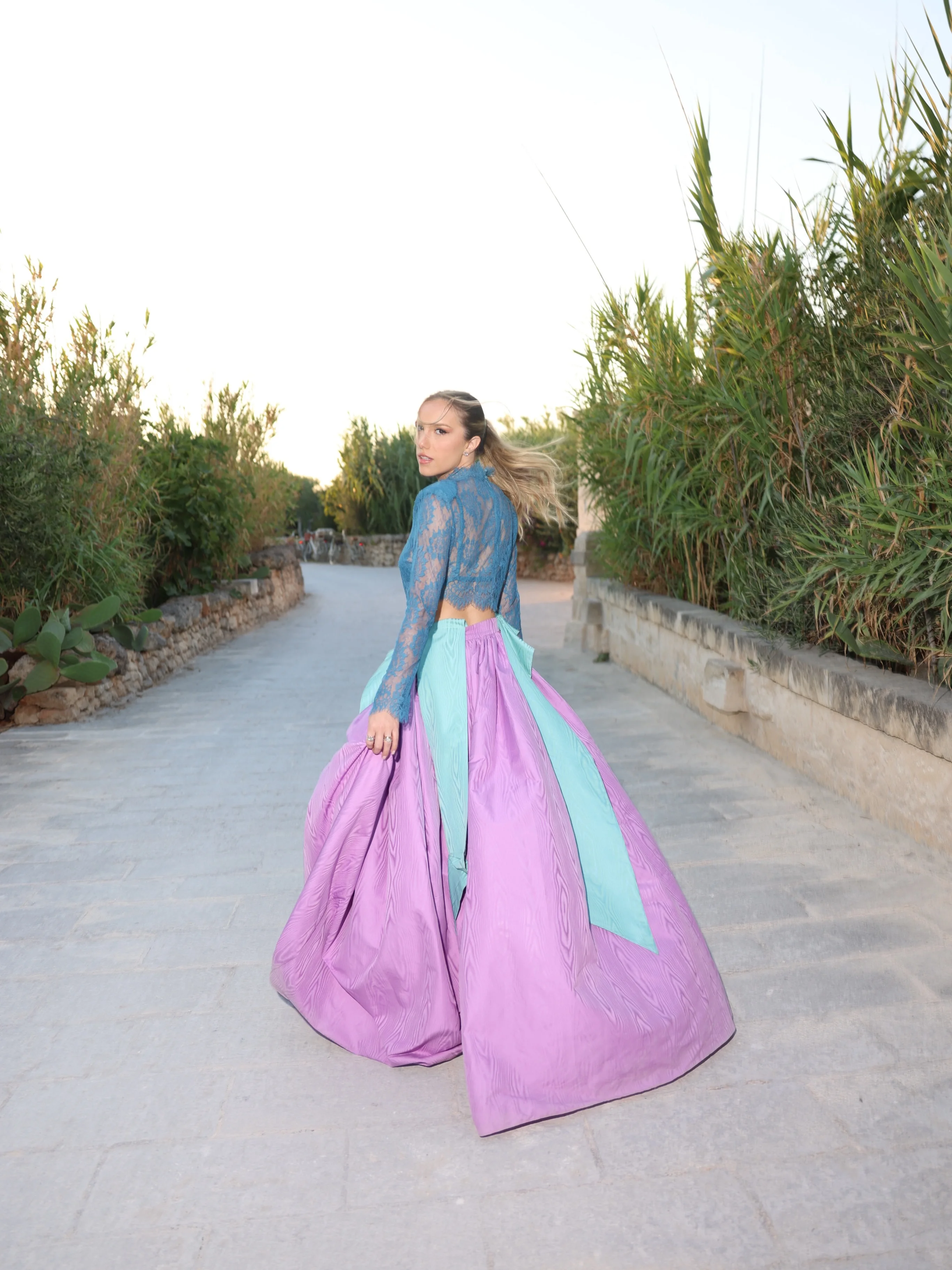 Purple Mint‑Green Color Block Taffeta Ball Gown Skirt High Waist Voluminous Floor‑Length Maxi Skirt Women Evening Party Skirt