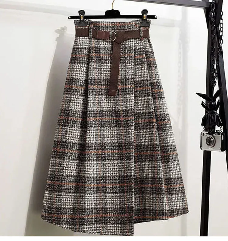 Office Lady Woolen Winter Thicken Umbrella Skirt New Autumn 2021 Plaid Asymmetrical Long Skirt Women Plus Size A-LINE Skirt