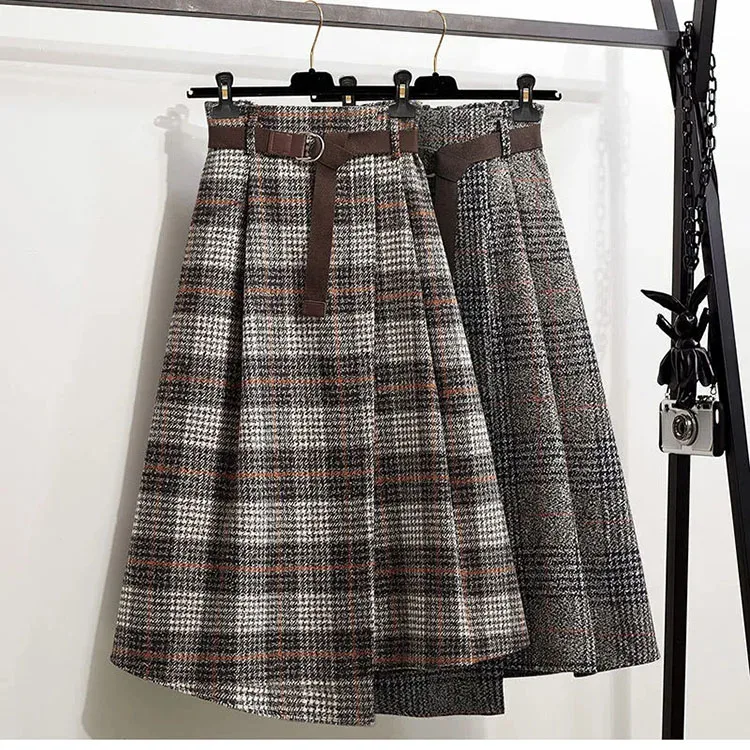Office Lady Woolen Winter Thicken Umbrella Skirt New Autumn 2021 Plaid Asymmetrical Long Skirt Women Plus Size A-LINE Skirt