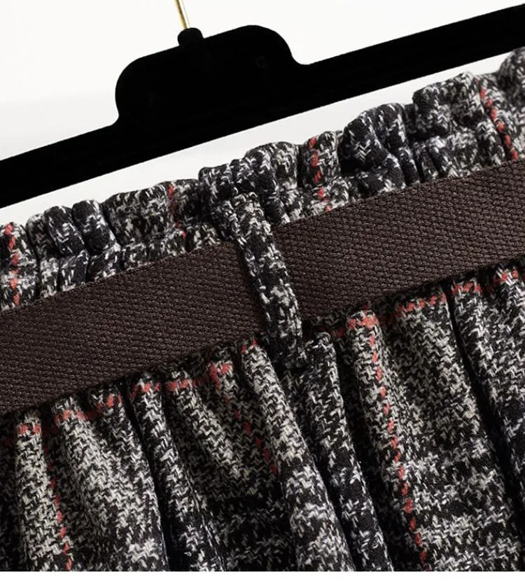 Office Lady Woolen Winter Thicken Umbrella Skirt New Autumn 2021 Plaid Asymmetrical Long Skirt Women Plus Size A-LINE Skirt