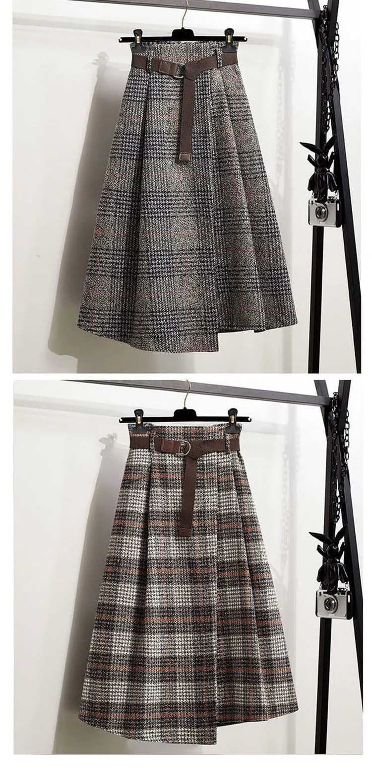 Office Lady Woolen Winter Thicken Umbrella Skirt New Autumn 2021 Plaid Asymmetrical Long Skirt Women Plus Size A-LINE Skirt