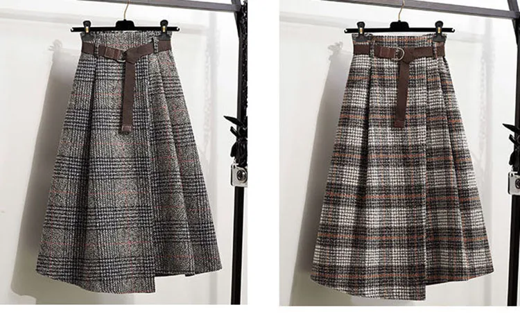 Office Lady Woolen Winter Thicken Umbrella Skirt New Autumn 2021 Plaid Asymmetrical Long Skirt Women Plus Size A-LINE Skirt