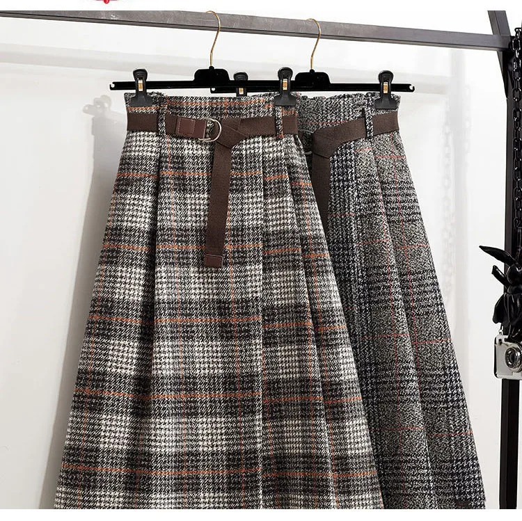 Office Lady Woolen Winter Thicken Umbrella Skirt New Autumn 2021 Plaid Asymmetrical Long Skirt Women Plus Size A-LINE Skirt