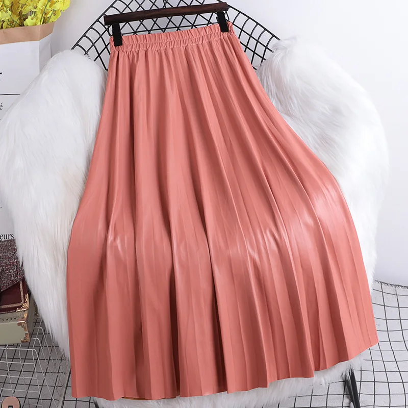 Pleated Mid length Leather Skirt 2025 Autumn/Winter Women's New Korean High Waist A-line Hundred Pleated PU Leather Skirt