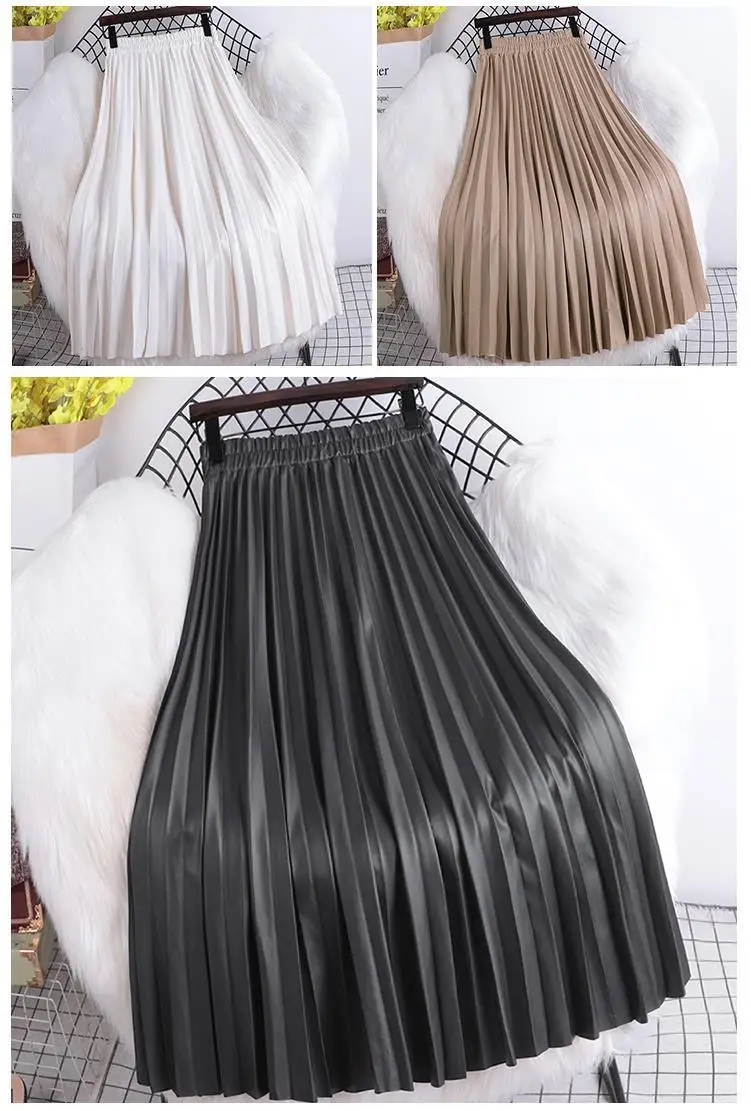 Pleated Mid length Leather Skirt 2025 Autumn/Winter Women's New Korean High Waist A-line Hundred Pleated PU Leather Skirt