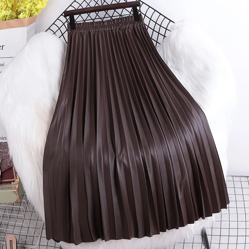 Pleated Mid length Leather Skirt 2025 Autumn/Winter Women's New Korean High Waist A-line Hundred Pleated PU Leather Skirt