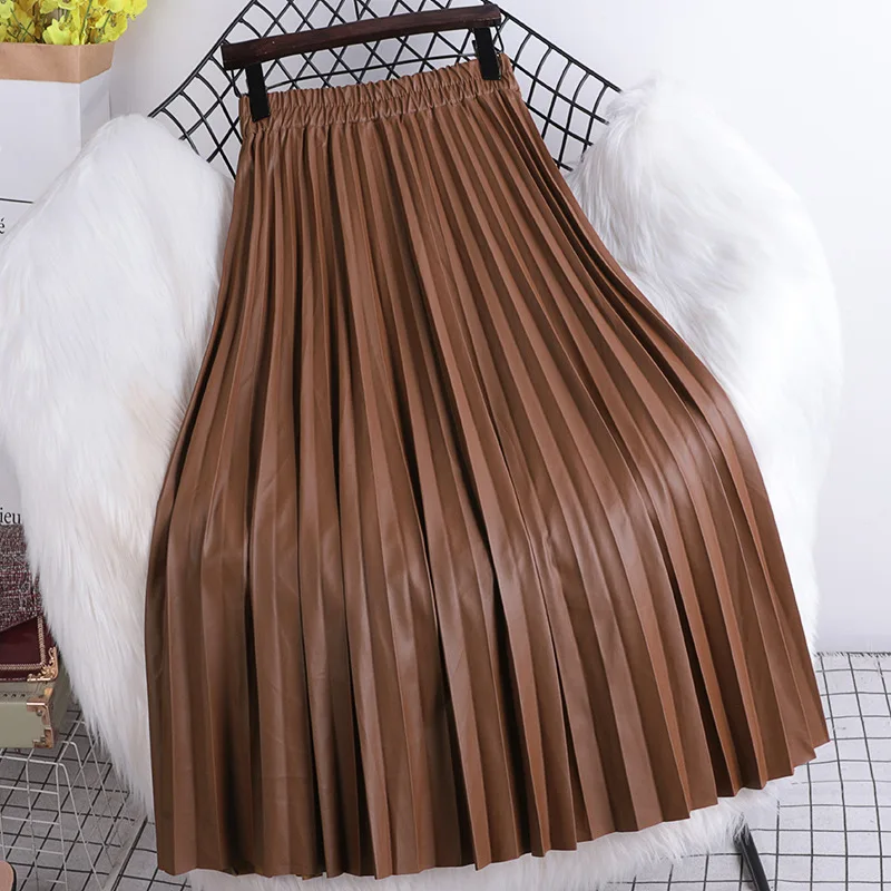 Pleated Mid length Leather Skirt 2025 Autumn/Winter Women's New Korean High Waist A-line Hundred Pleated PU Leather Skirt