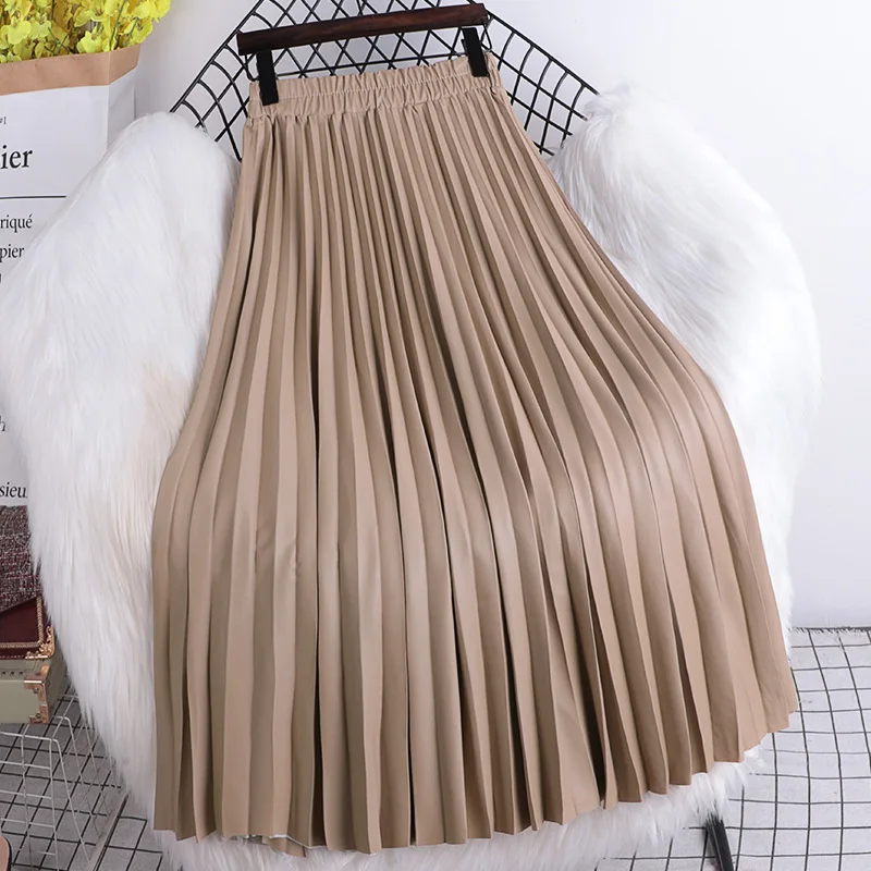 Pleated Mid length Leather Skirt 2025 Autumn/Winter Women's New Korean High Waist A-line Hundred Pleated PU Leather Skirt