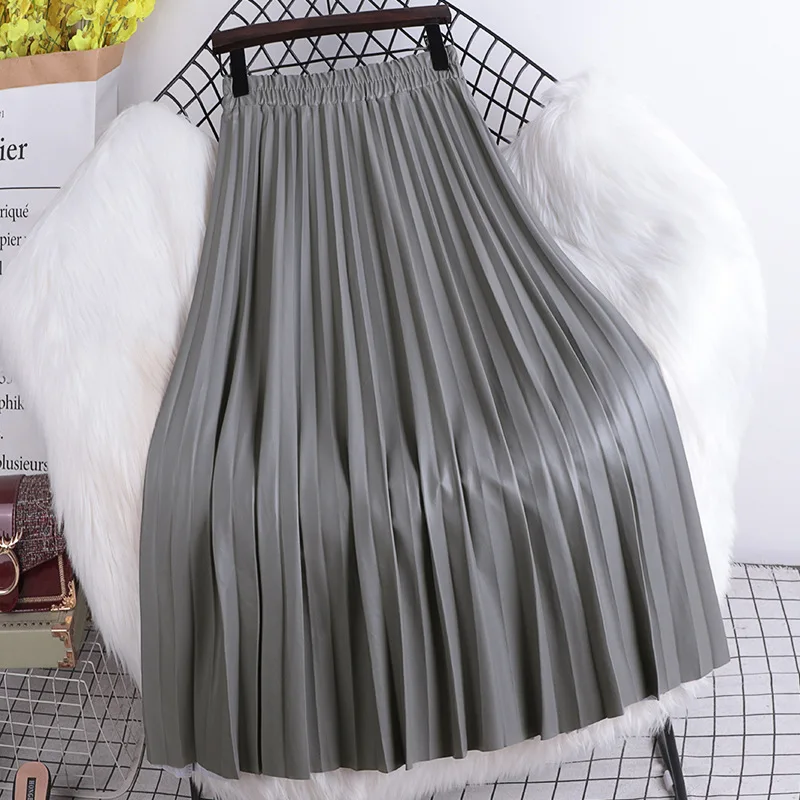 Pleated Mid length Leather Skirt 2025 Autumn/Winter Women's New Korean High Waist A-line Hundred Pleated PU Leather Skirt