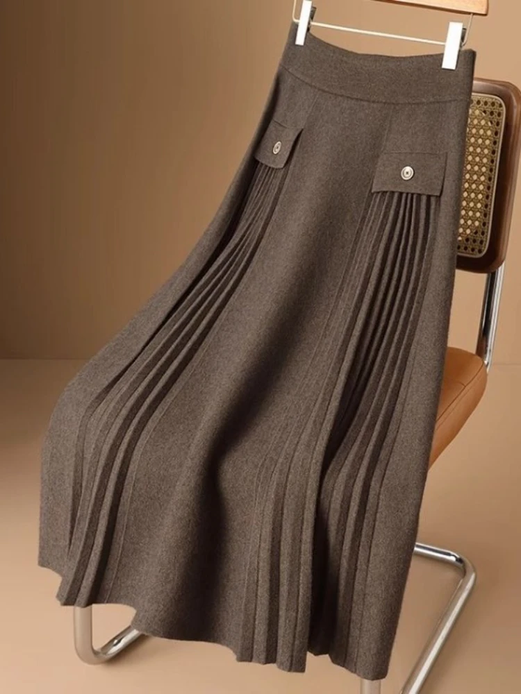 Vintage Skirts for Women High Waist A-line Jupe 2025 Faldas Mujer De Moda Thicked Korean Loose Saia Knitted Pleated Long Skirt