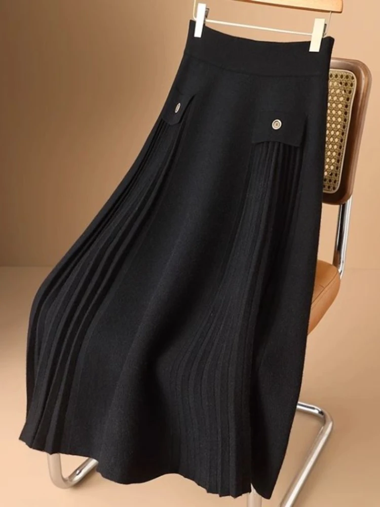 Vintage Skirts for Women High Waist A-line Jupe 2025 Faldas Mujer De Moda Thicked Korean Loose Saia Knitted Pleated Long Skirt