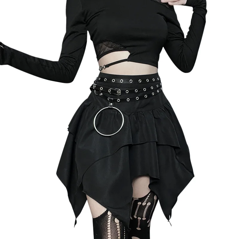 Summer Fashion Short Skirts New Sexy Women Gothic Punk Irregular Skirts Solid Color Drawstring Tie-Up Ruched Ruffles Mini Skirt