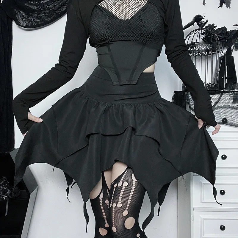 Summer Fashion Short Skirts New Sexy Women Gothic Punk Irregular Skirts Solid Color Drawstring Tie-Up Ruched Ruffles Mini Skirt