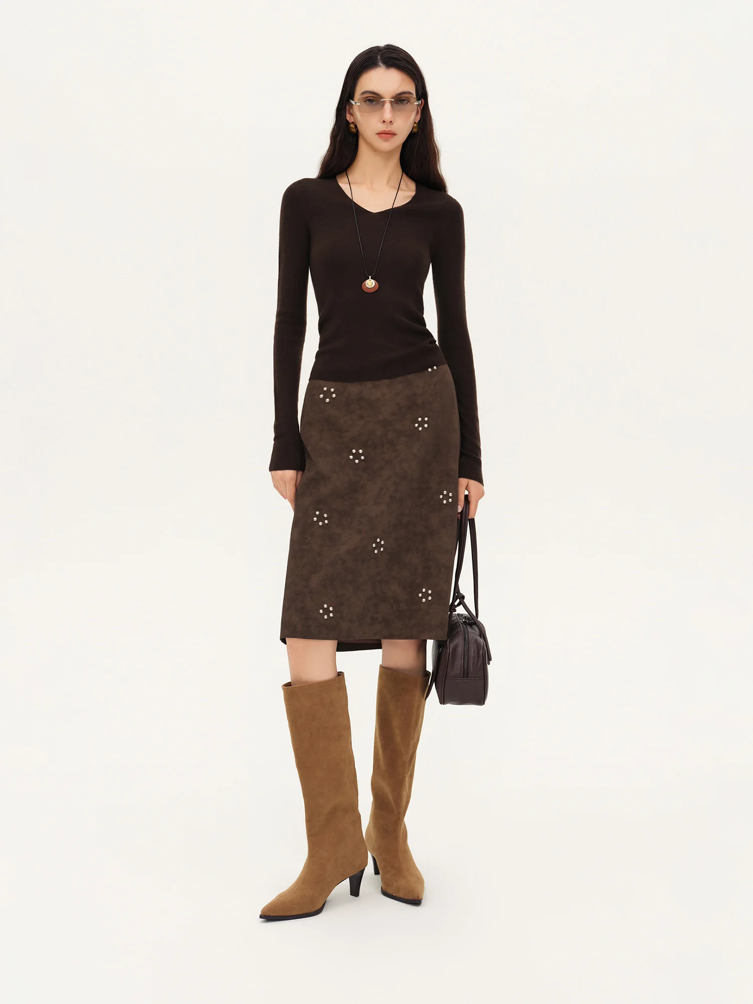 ZIQIAO 2026 Fall New Brown Faux Suede Straight Midi Skirt, Floral Studded Vintage A-Line Skirt for Rachel 90s Office Chic Style