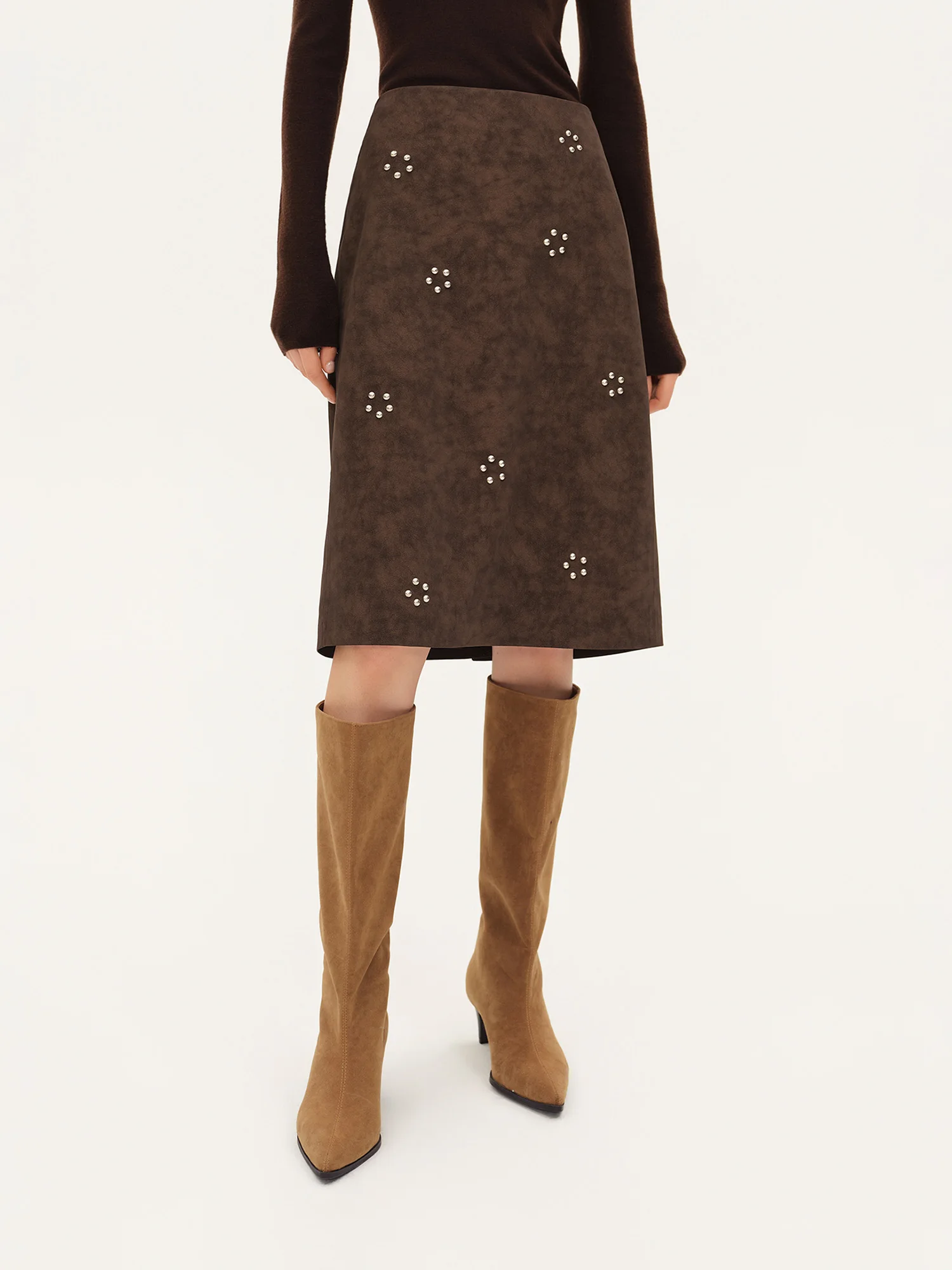 ZIQIAO 2026 Fall New Brown Faux Suede Straight Midi Skirt, Floral Studded Vintage A-Line Skirt for Rachel 90s Office Chic Style