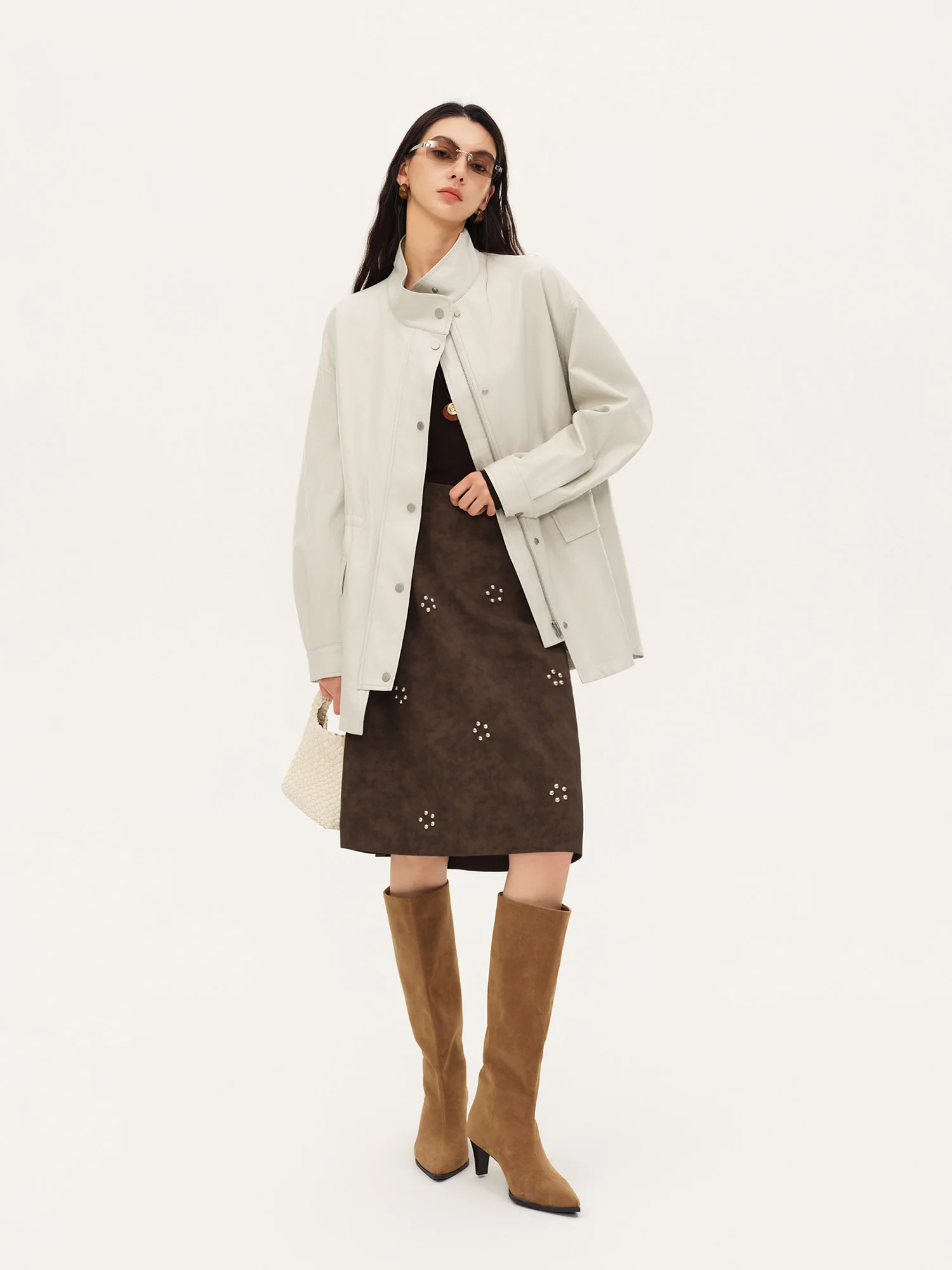 ZIQIAO 2026 Fall New Brown Faux Suede Straight Midi Skirt, Floral Studded Vintage A-Line Skirt for Rachel 90s Office Chic Style