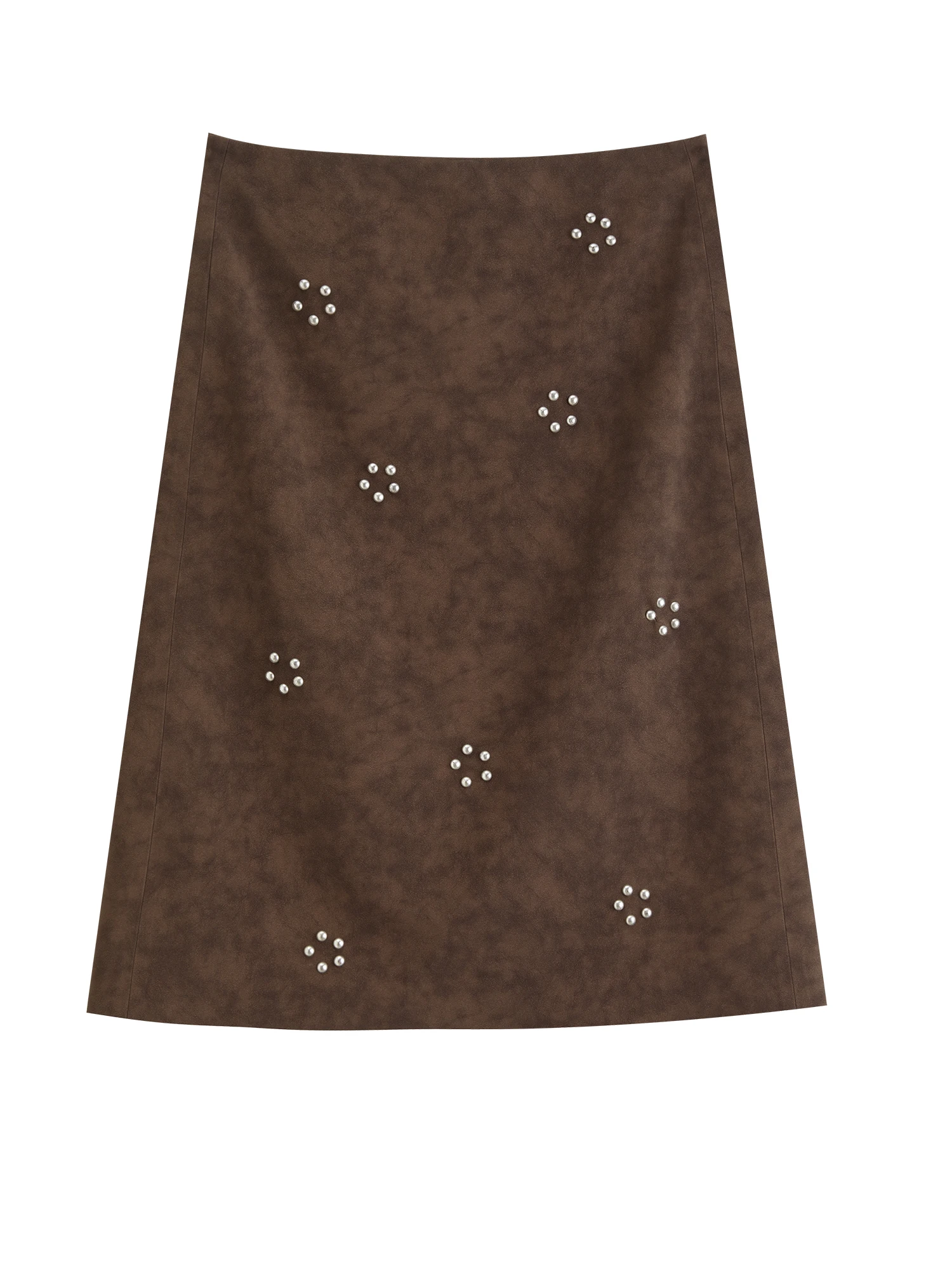 ZIQIAO 2026 Fall New Brown Faux Suede Straight Midi Skirt, Floral Studded Vintage A-Line Skirt for Rachel 90s Office Chic Style