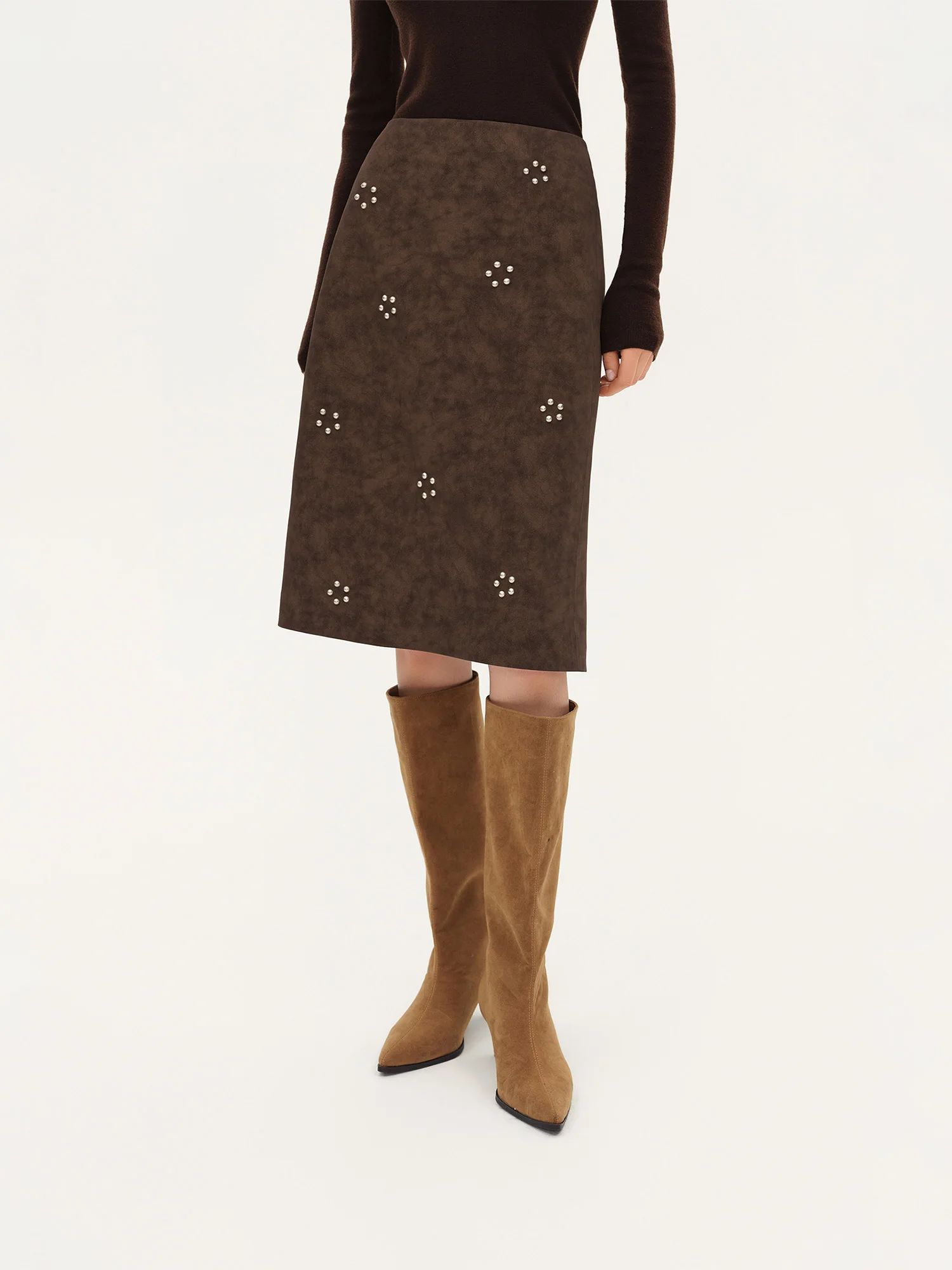 ZIQIAO 2026 Fall New Brown Faux Suede Straight Midi Skirt, Floral Studded Vintage A-Line Skirt for Rachel 90s Office Chic Style