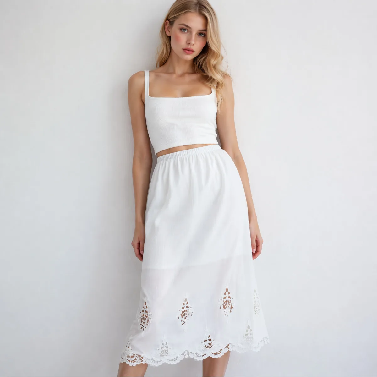 IG Women White Midi Skirt Elastic High Waist Hollow Floral Embroidery Lace Hem A Line Flowy Chiffon Skirt Vintage Boho Casual