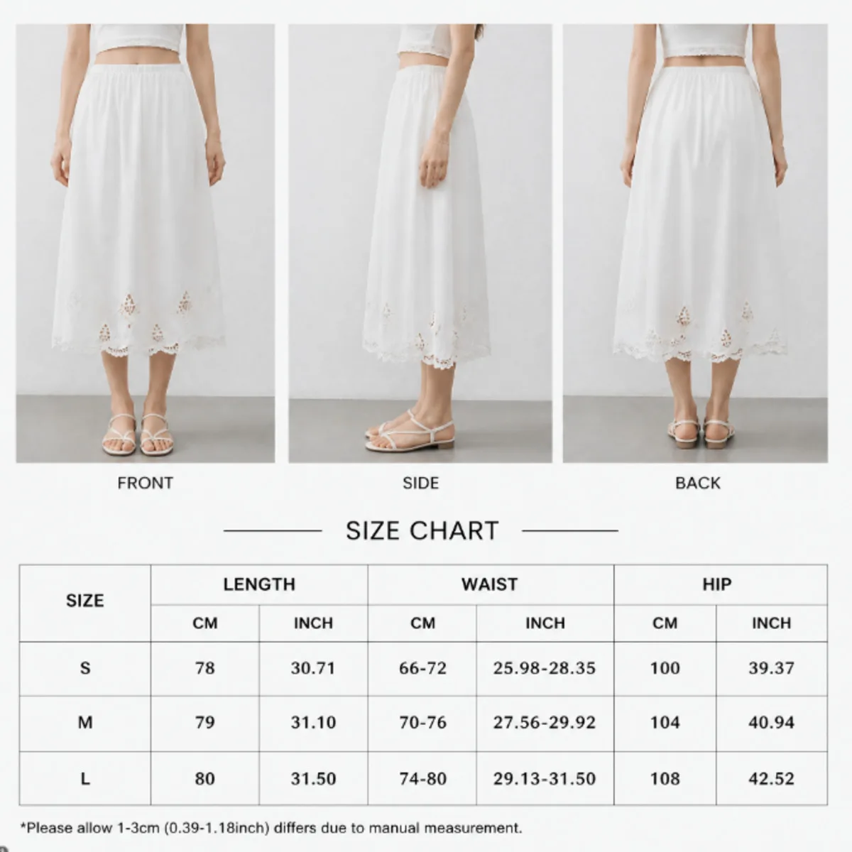 IG Women White Midi Skirt Elastic High Waist Hollow Floral Embroidery Lace Hem A Line Flowy Chiffon Skirt Vintage Boho Casual