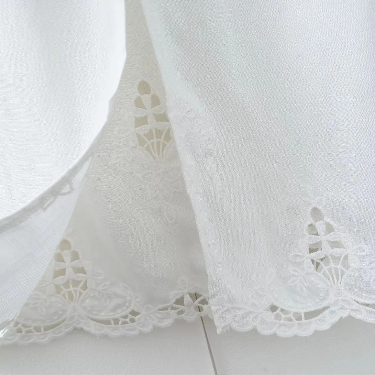 IG Women White Midi Skirt Elastic High Waist Hollow Floral Embroidery Lace Hem A Line Flowy Chiffon Skirt Vintage Boho Casual