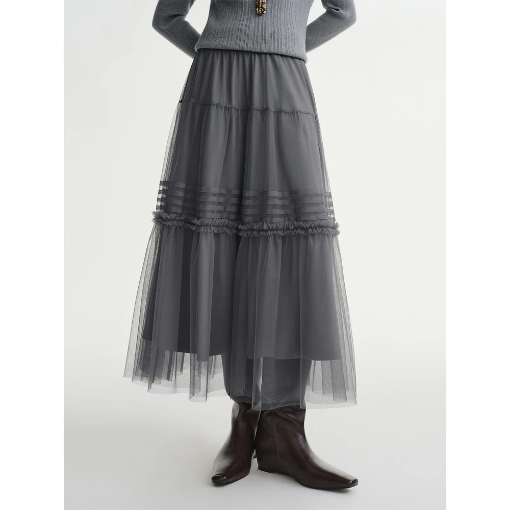 DUSHU Three-color Ruffled Mesh Skirt Women Pleated Mesh Straight Skirt Fairy Retro Gothic Cool Girls Elastic Waist Loose Fit