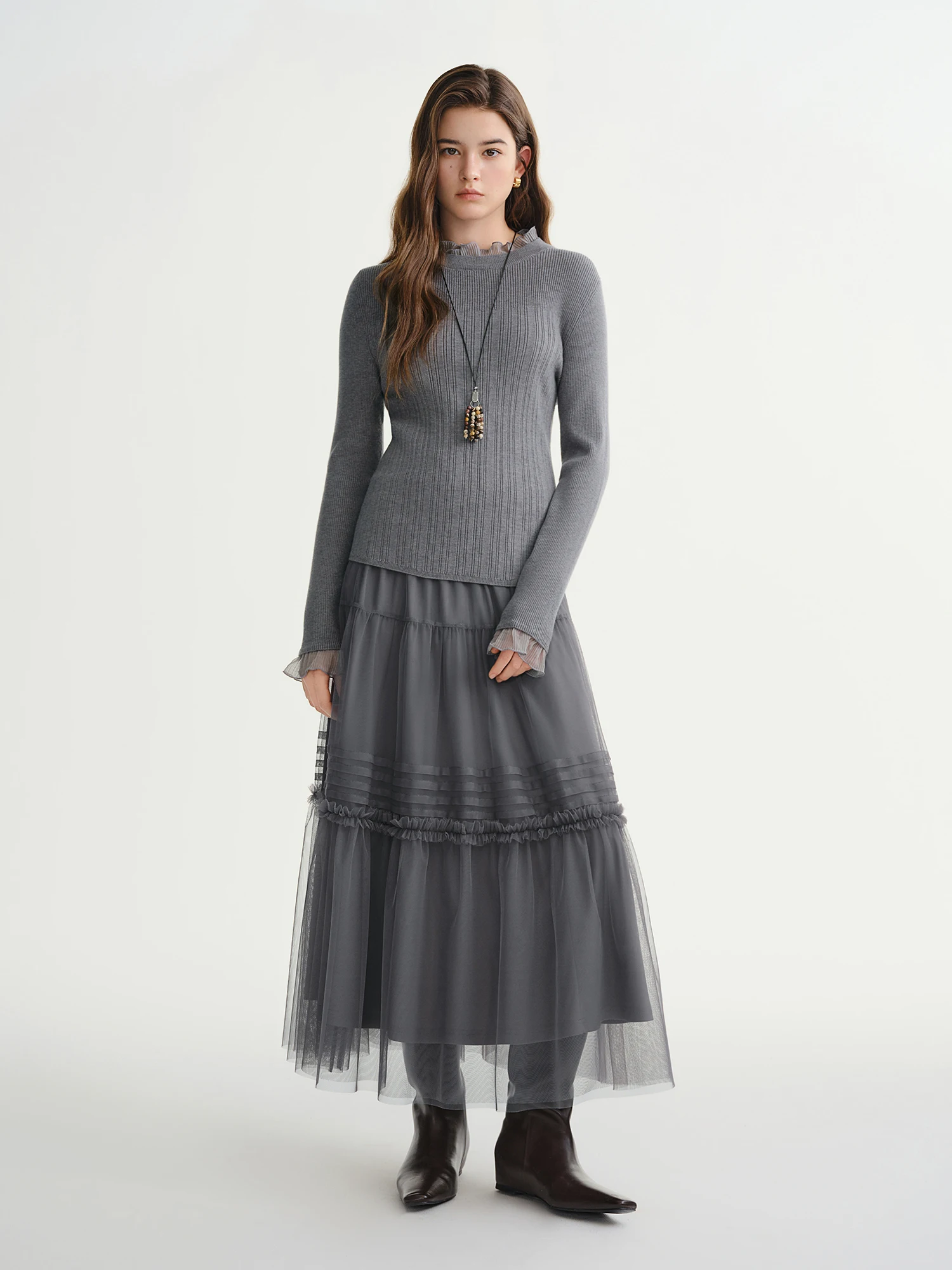 DUSHU Three-color Ruffled Mesh Skirt Women Pleated Mesh Straight Skirt Fairy Retro Gothic Cool Girls Elastic Waist Loose Fit