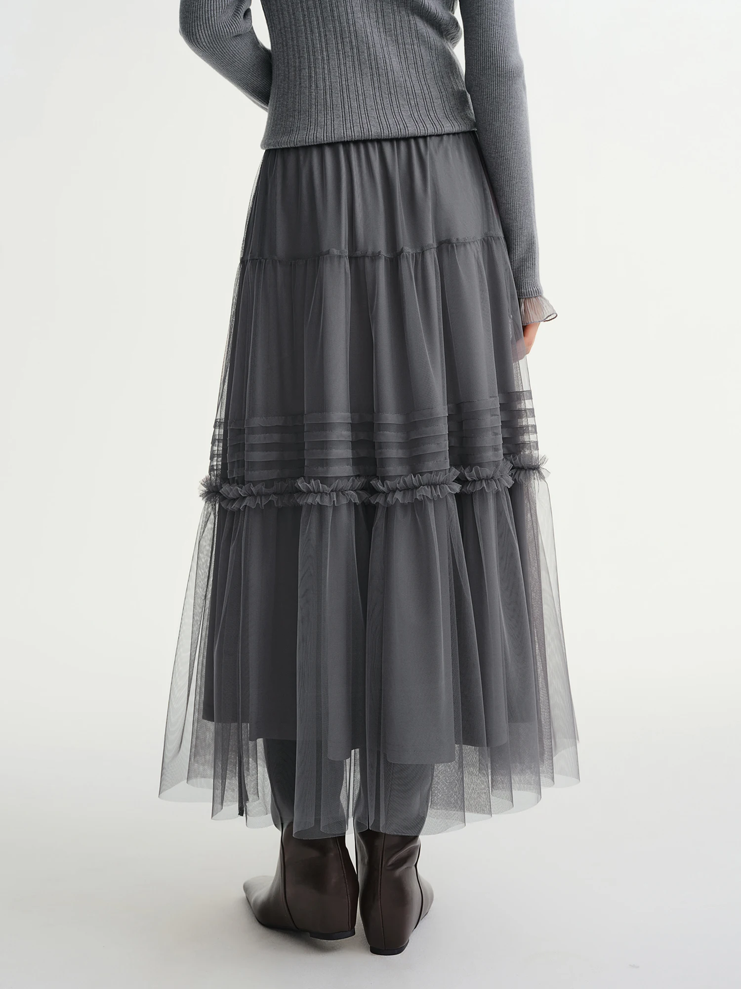 DUSHU Three-color Ruffled Mesh Skirt Women Pleated Mesh Straight Skirt Fairy Retro Gothic Cool Girls Elastic Waist Loose Fit