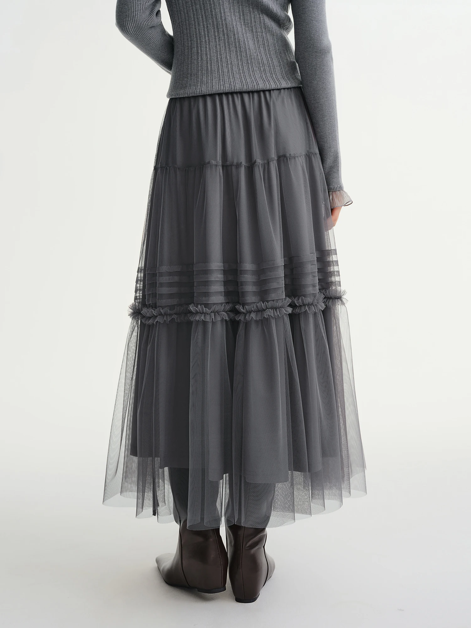 DUSHU Three-color Ruffled Mesh Skirt Women Pleated Mesh Straight Skirt Fairy Retro Gothic Cool Girls Elastic Waist Loose Fit