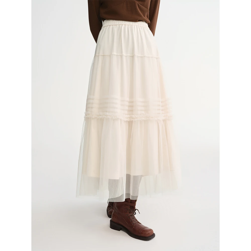 DUSHU Three-color Ruffled Mesh Skirt Women Pleated Mesh Straight Skirt Fairy Retro Gothic Cool Girls Elastic Waist Loose Fit