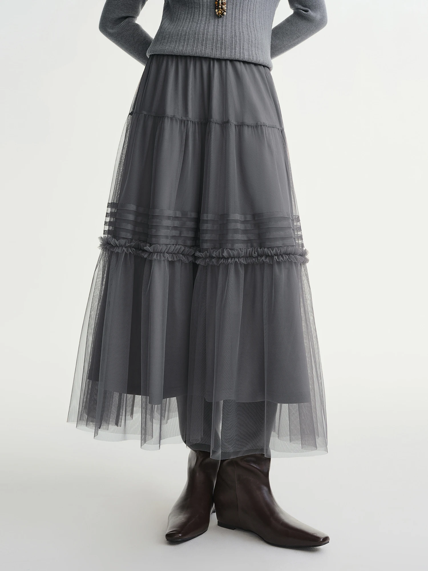 DUSHU Three-color Ruffled Mesh Skirt Women Pleated Mesh Straight Skirt Fairy Retro Gothic Cool Girls Elastic Waist Loose Fit