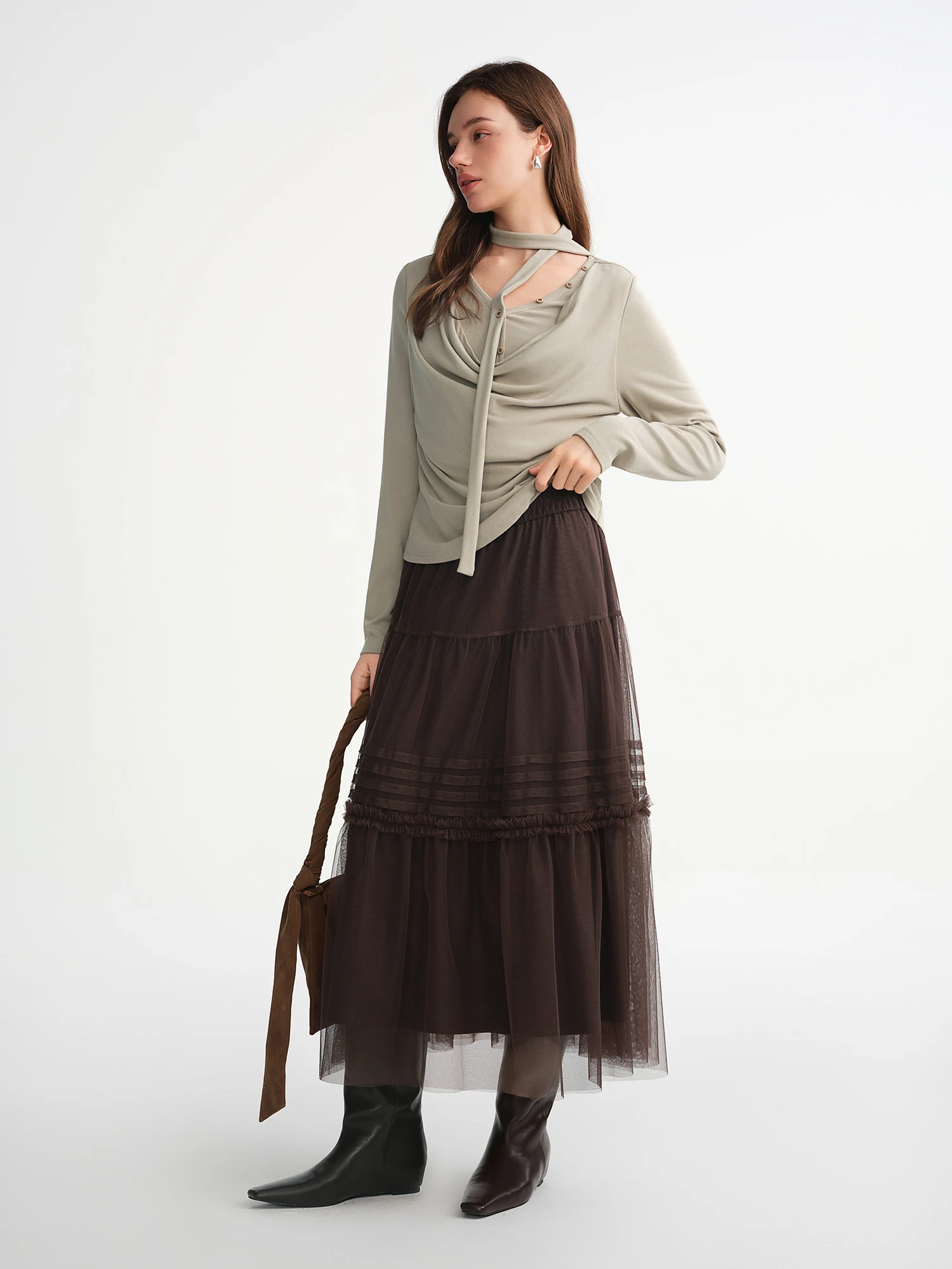 DUSHU Three-color Ruffled Mesh Skirt Women Pleated Mesh Straight Skirt Fairy Retro Gothic Cool Girls Elastic Waist Loose Fit