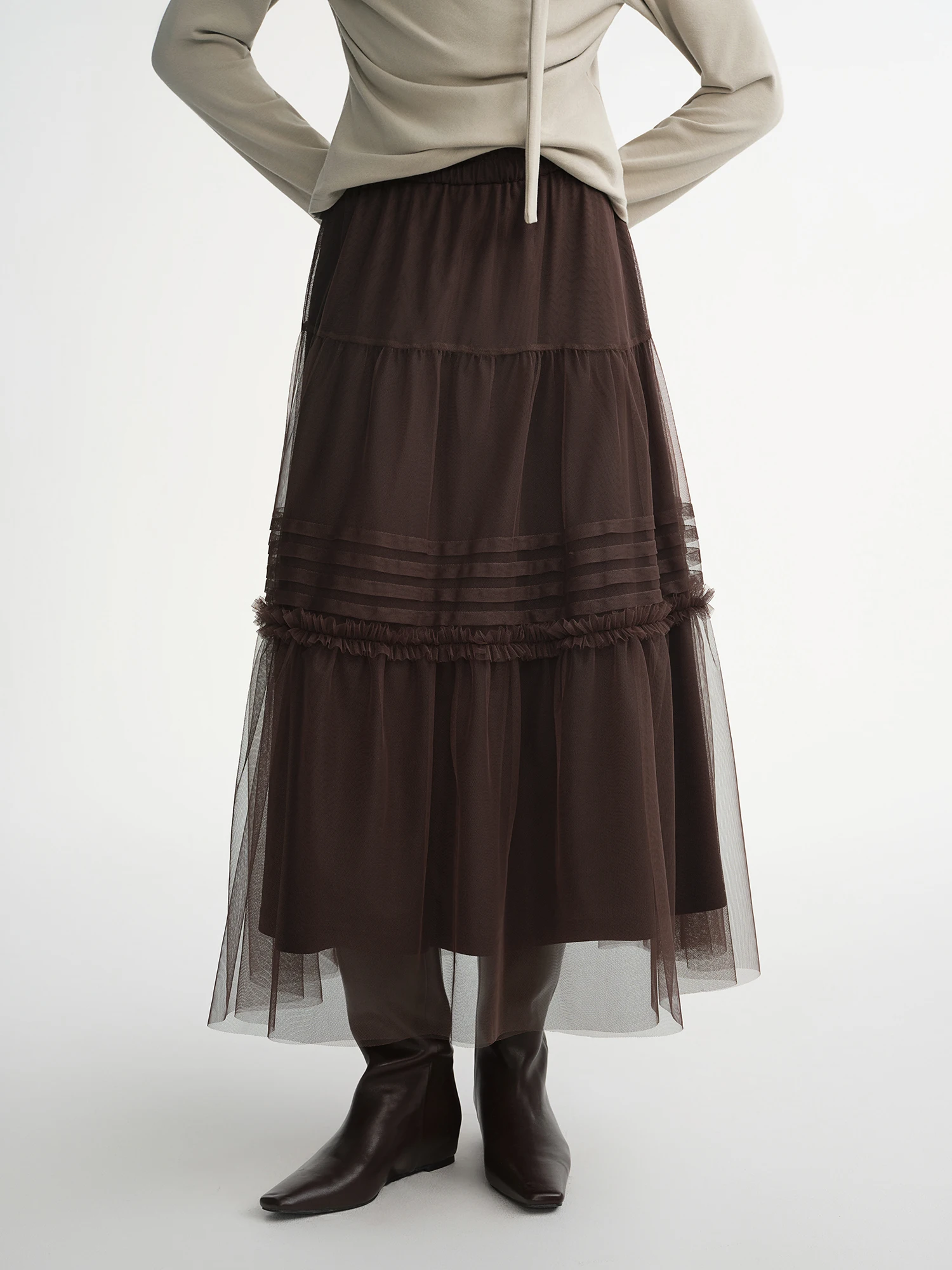 DUSHU Three-color Ruffled Mesh Skirt Women Pleated Mesh Straight Skirt Fairy Retro Gothic Cool Girls Elastic Waist Loose Fit