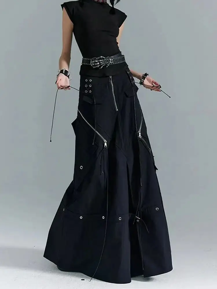 2025 New Gothic Y2K Cargo Denim Long Skirt Women Harajuku Vintage Black Bandage Jeans Skirts Aesthetic High Waist A Line Skirts