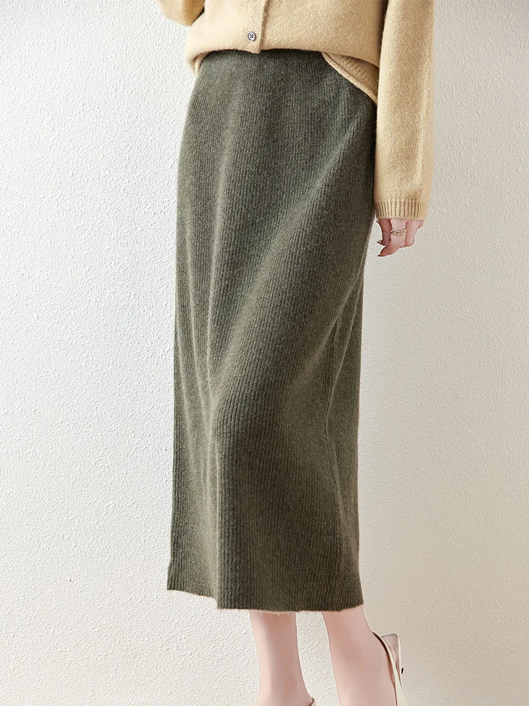 100% Merino Wool Knitted Half Skirt Autumn Winter Women's Elegant A-line Skirt High Waisted Mid Length Slimming Thick Warm Dress