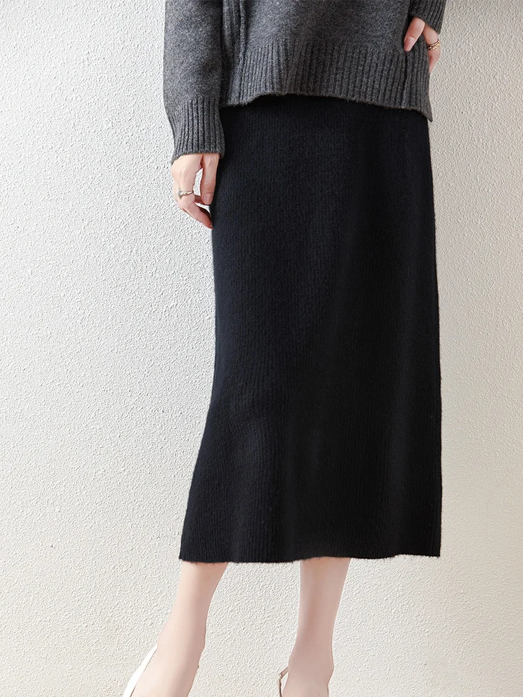 100% Merino Wool Knitted Half Skirt Autumn Winter Women's Elegant A-line Skirt High Waisted Mid Length Slimming Thick Warm Dress