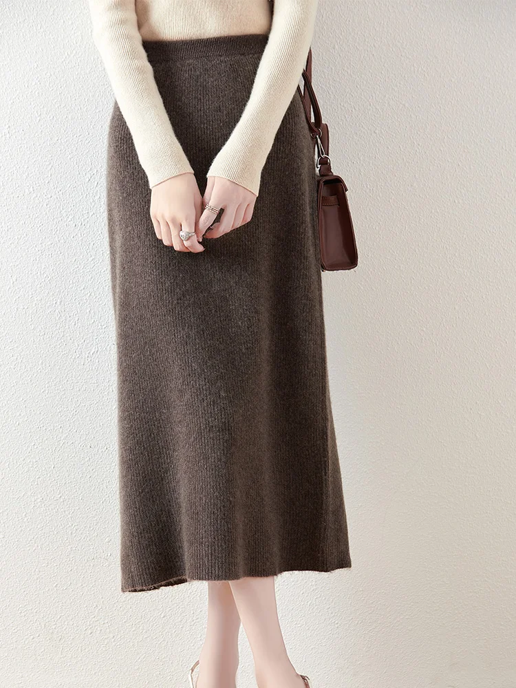 100% Merino Wool Knitted Half Skirt Autumn Winter Women's Elegant A-line Skirt High Waisted Mid Length Slimming Thick Warm Dress