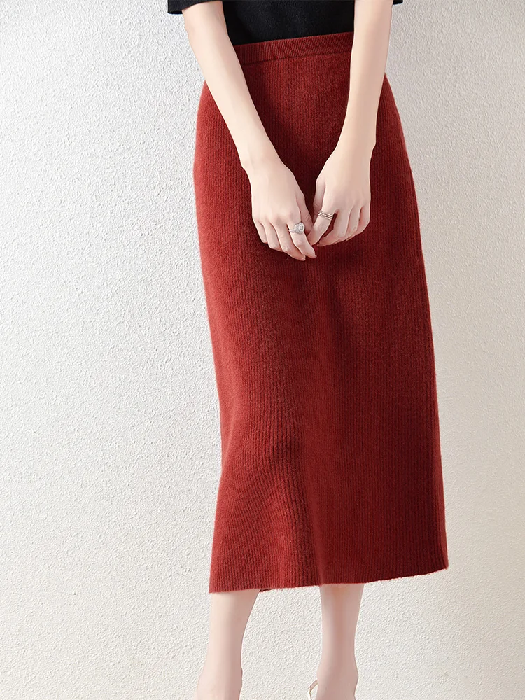 100% Merino Wool Knitted Half Skirt Autumn Winter Women's Elegant A-line Skirt High Waisted Mid Length Slimming Thick Warm Dress