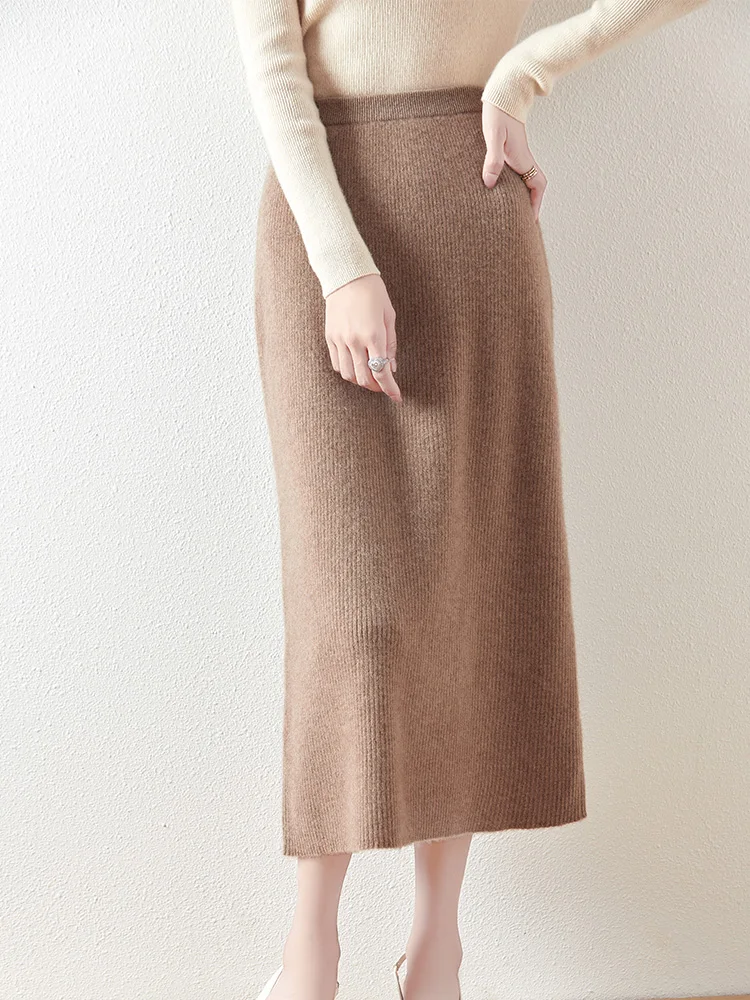 100% Merino Wool Knitted Half Skirt Autumn Winter Women's Elegant A-line Skirt High Waisted Mid Length Slimming Thick Warm Dress