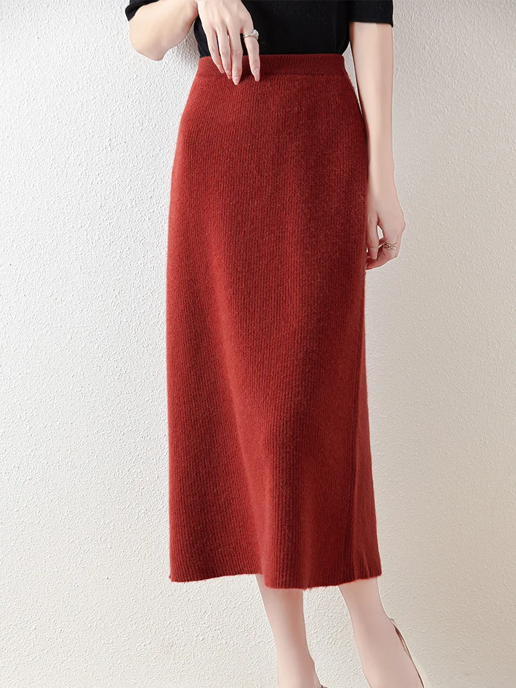 100% Merino Wool Knitted Half Skirt Autumn Winter Women's Elegant A-line Skirt High Waisted Mid Length Slimming Thick Warm Dress