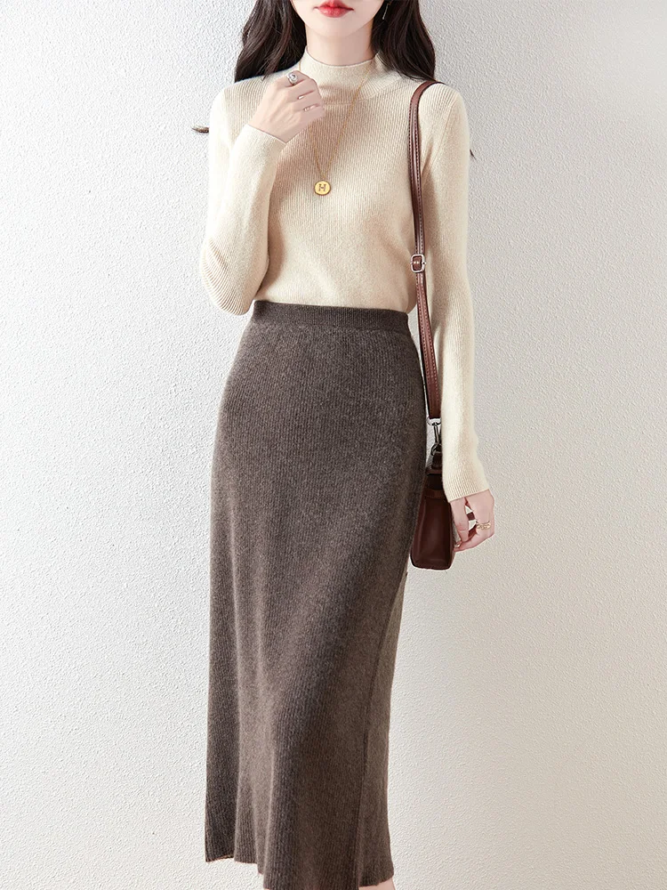 100% Merino Wool Knitted Half Skirt Autumn Winter Women's Elegant A-line Skirt High Waisted Mid Length Slimming Thick Warm Dress