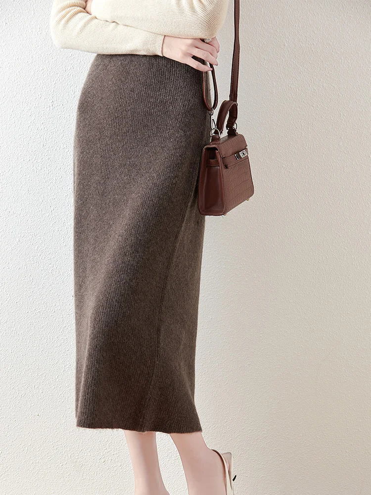 100% Merino Wool Knitted Half Skirt Autumn Winter Women's Elegant A-line Skirt High Waisted Mid Length Slimming Thick Warm Dress