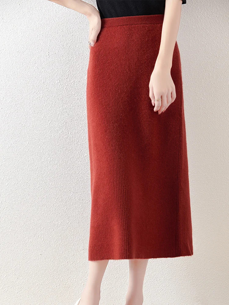 100% Merino Wool Knitted Half Skirt Autumn Winter Women's Elegant A-line Skirt High Waisted Mid Length Slimming Thick Warm Dress