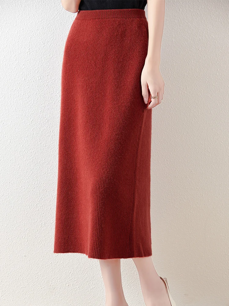 100% Merino Wool Knitted Half Skirt Autumn Winter Women's Elegant A-line Skirt High Waisted Mid Length Slimming Thick Warm Dress