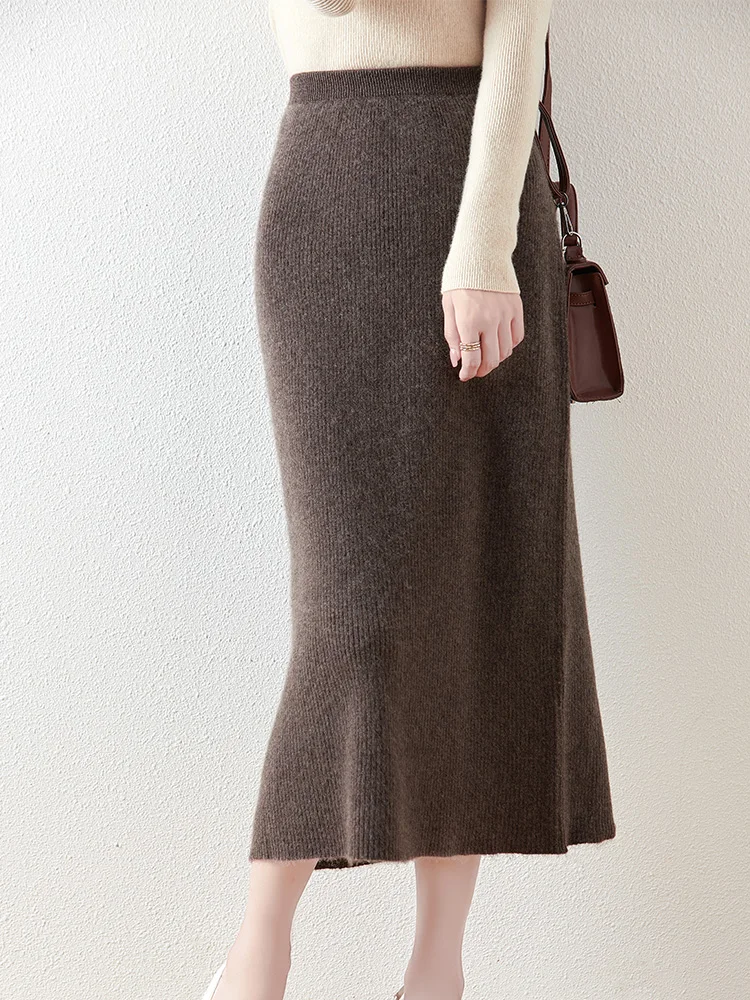 100% Merino Wool Knitted Half Skirt Autumn Winter Women's Elegant A-line Skirt High Waisted Mid Length Slimming Thick Warm Dress
