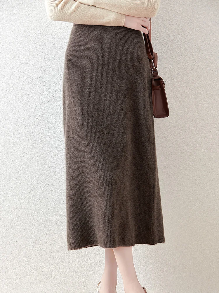 100% Merino Wool Knitted Half Skirt Autumn Winter Women's Elegant A-line Skirt High Waisted Mid Length Slimming Thick Warm Dress