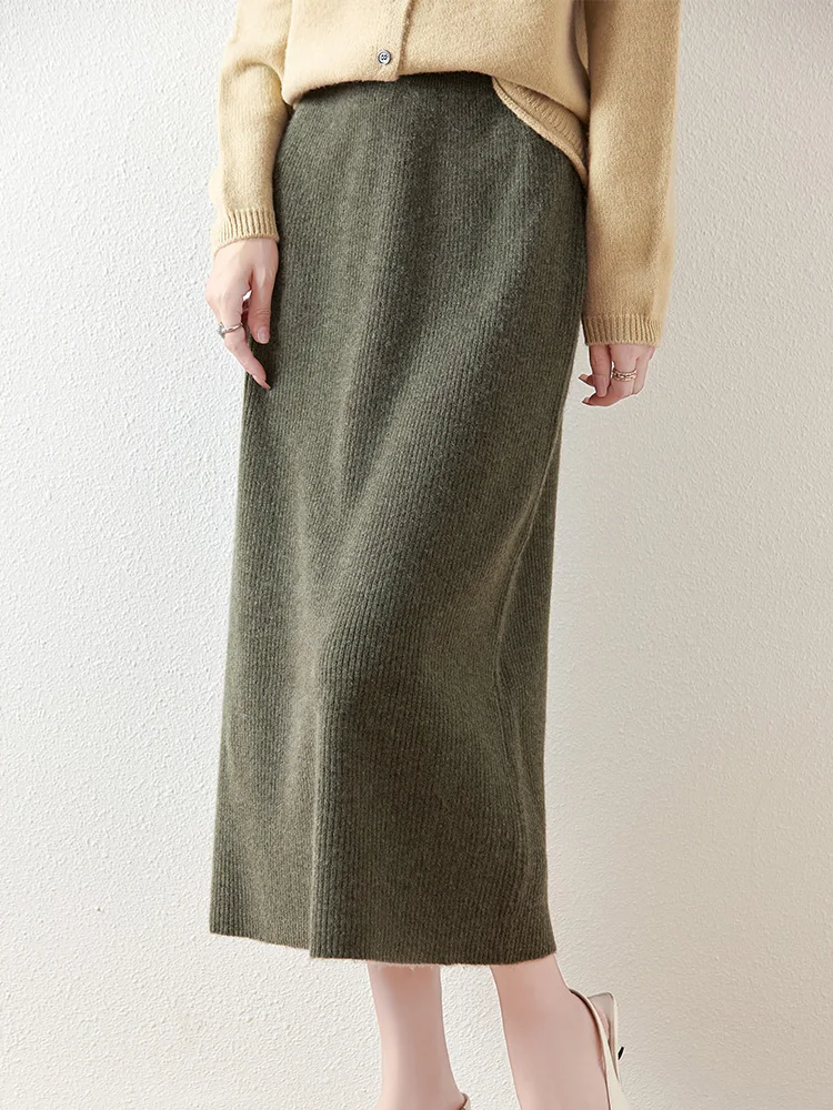 100% Merino Wool Knitted Half Skirt Autumn Winter Women's Elegant A-line Skirt High Waisted Mid Length Slimming Thick Warm Dress