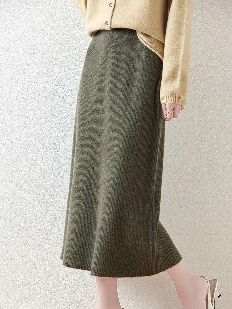 100% Merino Wool Knitted Half Skirt Autumn Winter Women's Elegant A-line Skirt High Waisted Mid Length Slimming Thick Warm Dress